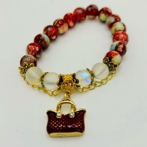 💙💚 Red Marbled Beaded Charm Bracelet with Gold Chain & Handbag Accent